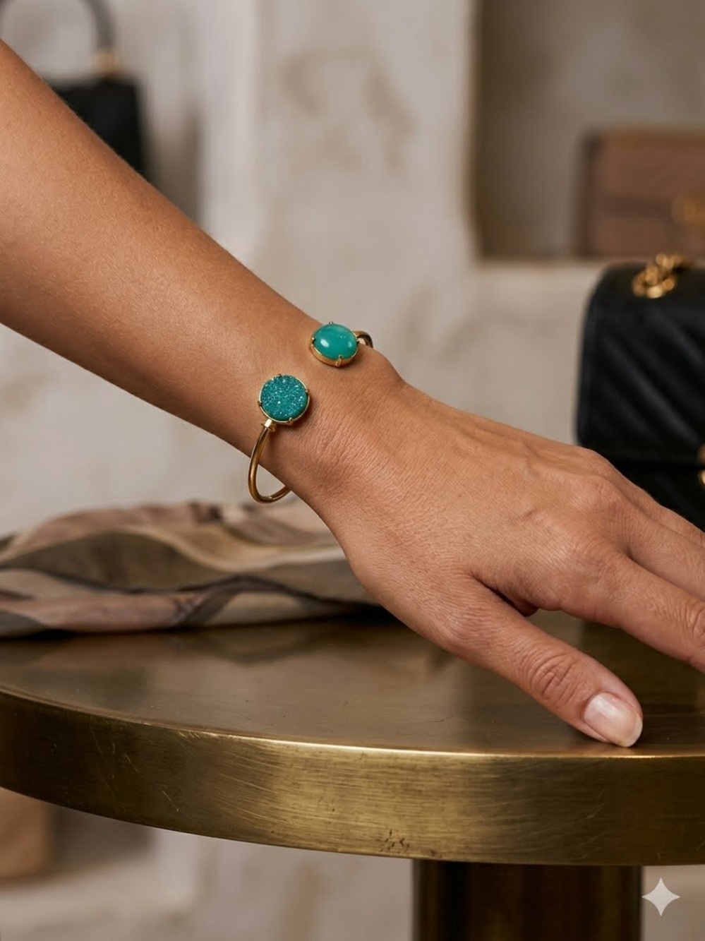 Teal Green Druzy Open Cuff Bracelet Gold Tone Round Sparkling Statement